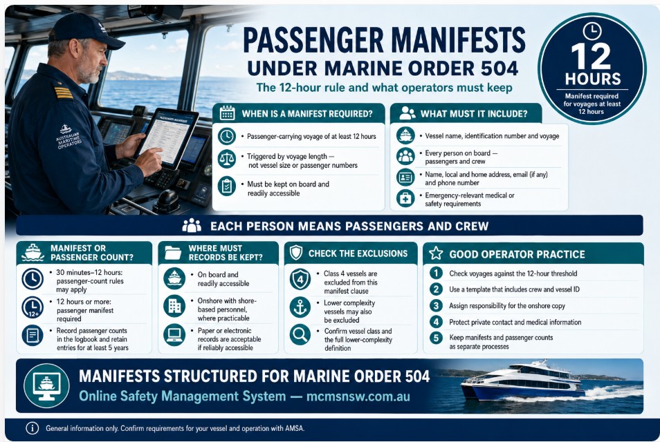 Vessel master reviewing passenger manifest requirements on a tablet under Marine Order 504